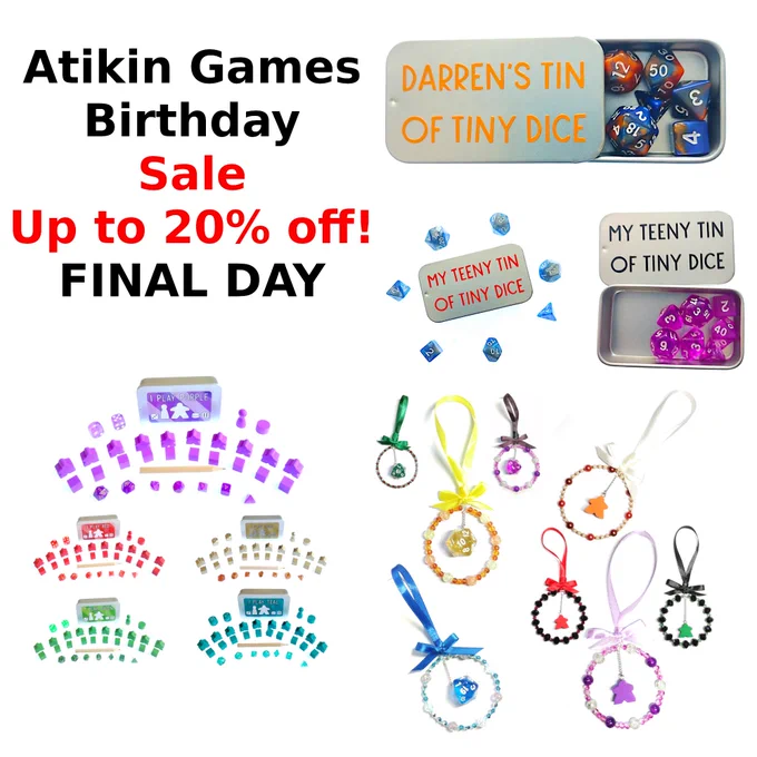 Last day for up to 20% off at https://www.atikingames.com with images of board game survival kits and components, mini dice sets with tins and D20 and Meeple Christmas tree ornaments
