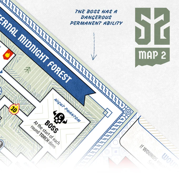 A close up of a game sheet with the text '52 Map 2' and 'the boss has a dangerous permanent ability'. The game sheet shows a boss icon with the text 'At the start of each round TORCH dims'