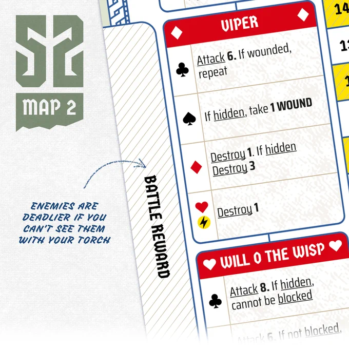 A close up of a game sheet with the text '52 Map 2' and 'Enemies are deadlier if you can't see them with your torch'. The game sheet shows various effects some of which have the key word 'hidden'