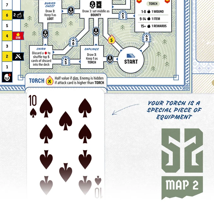 A close up of a game sheet and a playing card with the text '52 Map 2' and 'your torch is a special piece of equipment'