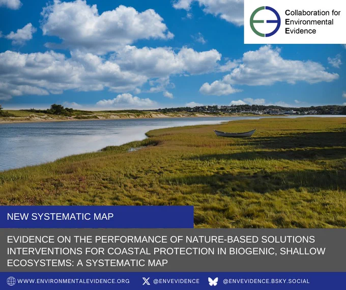 A salt marsh under blue sky with white clouds. To the left is an inlet with clear water, to the right is the green salt marsh grass, with a small white boat in the distance. In the upper right corner the Collaboration of Environmental Evidence logo is shown, while in the foreground at the bottom of the image are the works "New systematic map" and the title of the paper "Evidence on the performance of nature-based solutions interventions for coastal protection in biogenic, shallow ecosystems: a systematic map" Photo by mtsjrdl on Unsplash