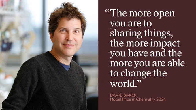 David Baker pictured in a lab environment with a quote: 'The more open you are to sharing things, the more impact you have and are able to change the world.'