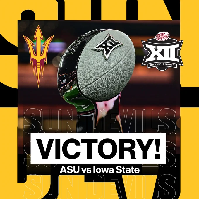 A silver and gray Big 12 Conference championship trophy sits between an image of a gold ASU pitchfork and and a black and white Big 12 logo, announcing an ASU victory.