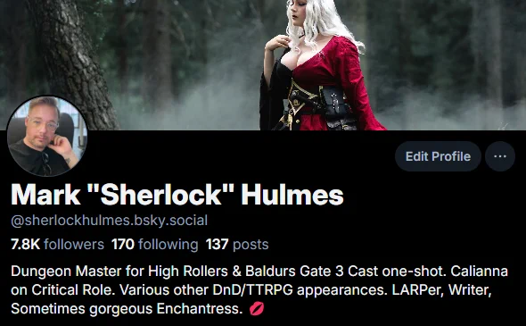 A picture of Marks profile on the place with a blue sky. Where he is known as sherlockhulmes. bsky . social