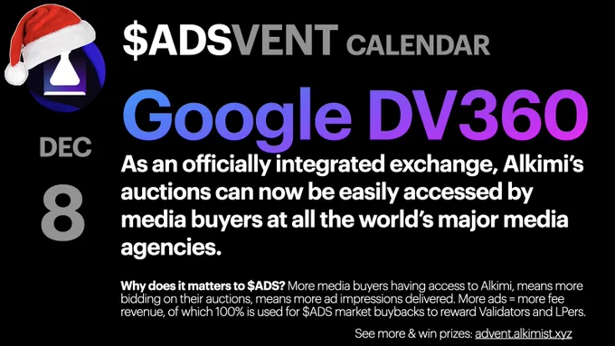 Google DV360... As an officially integrated exchange, Alkimi’s auctions can now be easily accessed by media buyers at all the world’s major media agencies.