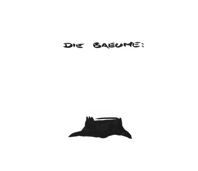 Zeichnung aus wenigen schwarzen Strichen. Zu sehen ist ein Baumstumpf. Überschrift: die Bäume: