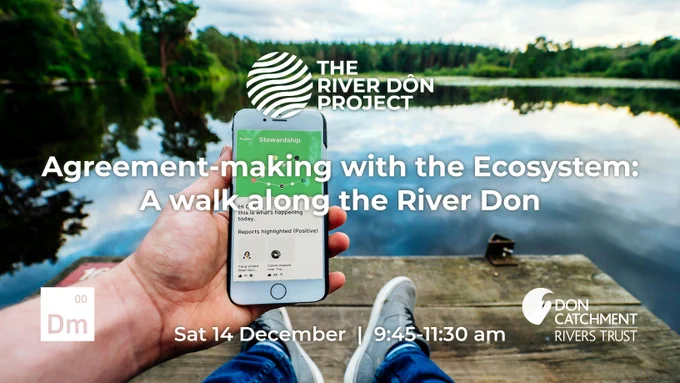 Person sat on small jetty, in front of lake. Holding a phone in their left hand with the River Stewardship App on screen. Details of the event and logos are overlaid on the image.