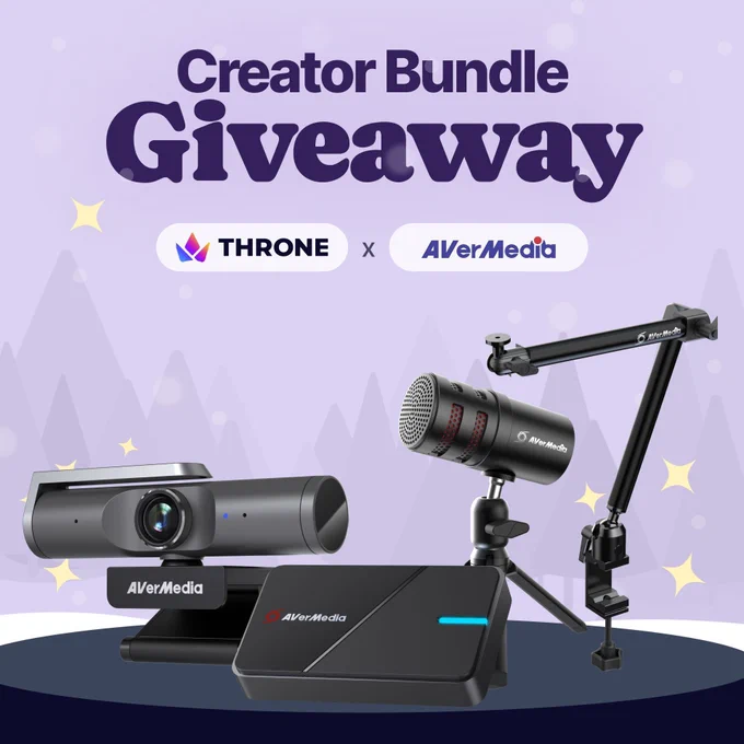 creator bundle giveaway - with a purple background - Throne x Avermedia - Webcam capture card and mic with mic arm for products in picture - all products are black 