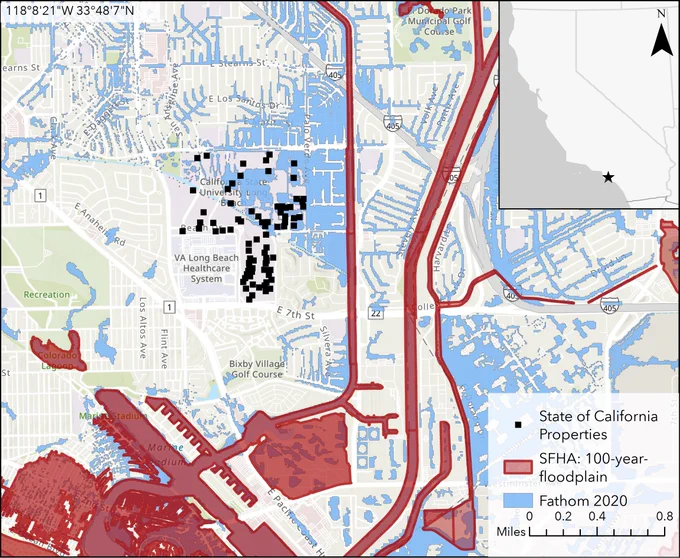 Figure 1. Fathom’s 2020 model and FEMA’s 100-year floodplain in Long Beach. Multiple buildings on the CSU, Long Beach campus are shown as outside FEMA’s 100-year floodplain, but inside Fathom 2020’s 100-year floodplain.