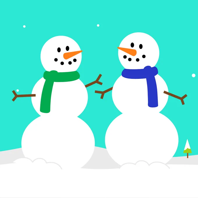 Two snowmen with carrot noses, one wearing a green scarf and the other a blue scarf, standing in a snowy landscape with a small green tree.