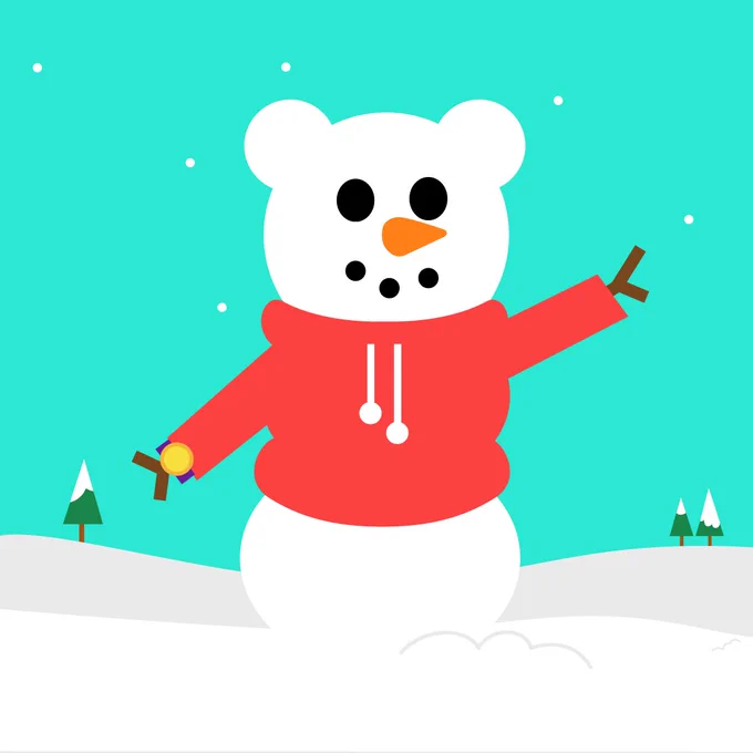 A snowman wearing a red hoodie stands in a snowy landscape with small trees, under a light blue sky with falling snowflakes.