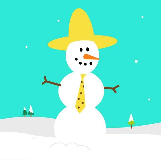 A cartoon image of a snowman wearing a yellow hat and an orange tie, standing in a snowy landscape with small green trees in the background. Snowflakes gently fall around.