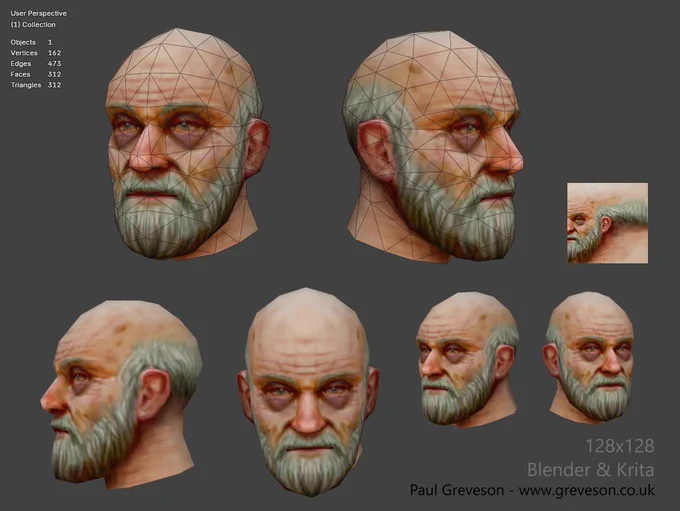 Viewport screenshots of a low-polygon 3D modelled head made in Blender, with a small 128x128 texture painted in Krita. The head looks like a bald old man with a grey beard, with large bags under his eyes.