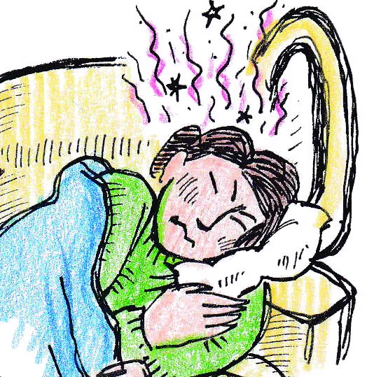 Ink and pencil crayon drawing of a white woman with brown hair, trying to sleep in an airplane window seat and looking like it's not going well.