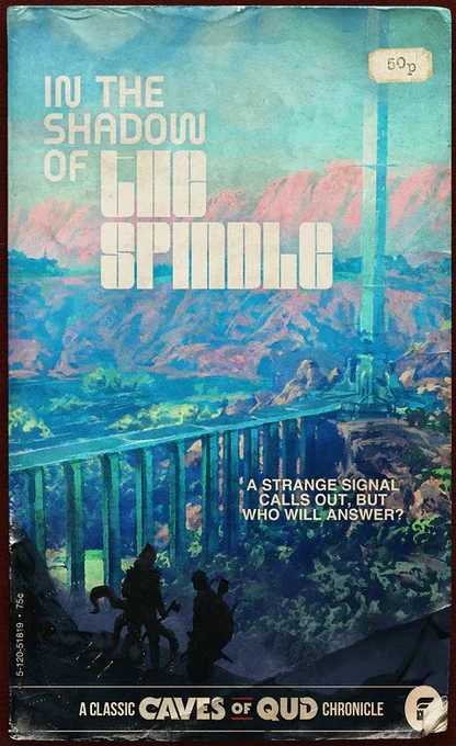 Art print of Caves of Qud vista stylized to look like a pulp scifi novel jacket