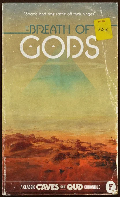 Art print of Caves of Qud vista stylized to look like a pulp scifi novel jacket