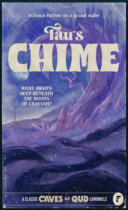 Art print of Caves of Qud vista stylized to look like a pulp scifi novel jacket