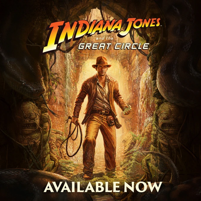 Art of Indiana Jones holding his whip in one hand and a relic in the other. Text at the bottom reads, "Available Now." 