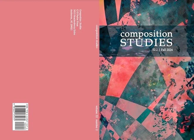 Fall 2024 Issue 52.2 of Composition Studies. The cover features a soft pink color with geometric shapes in various shades of teal. 