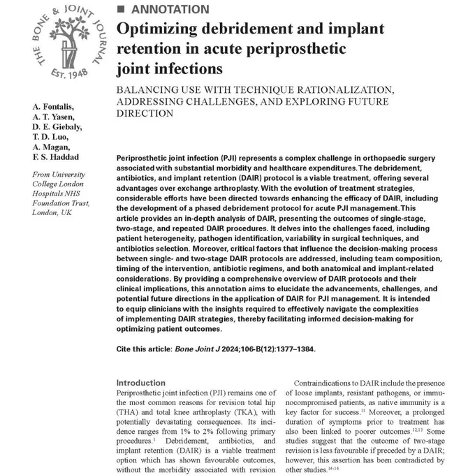 The Bone & Joint Journal. Abstract extract for article titled 'Optimizing debridement and implant retention in acute periprosthetic joint infections'.