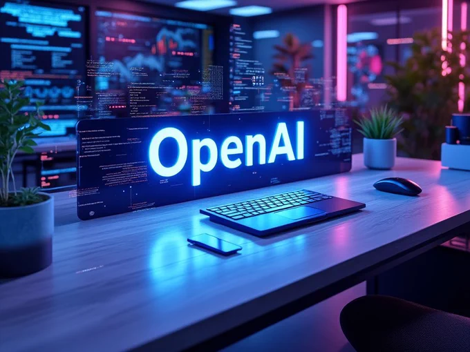 A hyper-realistic depiction of a futuristic workspace featuring a sleek desk with a glowing holographic display. The hologram elegantly forms the text 'OpenAI' within its design, showcasing dynamic visuals of interconnected neural networks, charts, and industry-specific data streams. The setting is a minimalistic, high-tech office illuminated by soft blue and purple neon lights, embodying an atmosphere of technological innovation. 