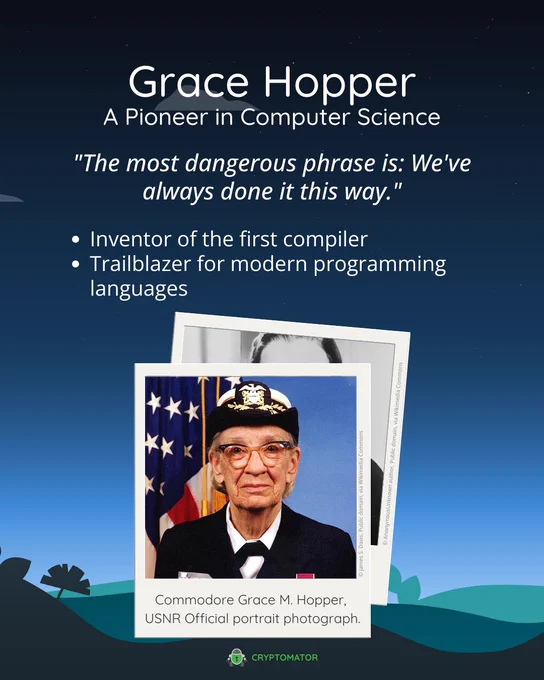 A tribute to Grace Hopper, a pioneer in computer science. The slide includes a portrait of Grace Hopper in her Navy uniform, overlaid with text: "Grace Hopper, A Pioneer in Computer Science." Below it reads her famous quote: "The most dangerous phrase is: We've always done it this way." Additional text highlights her achievements: "Inventor of the first compiler" and "Trailblazer for modern programming languages." The Cryptomator logo is at the bottom.