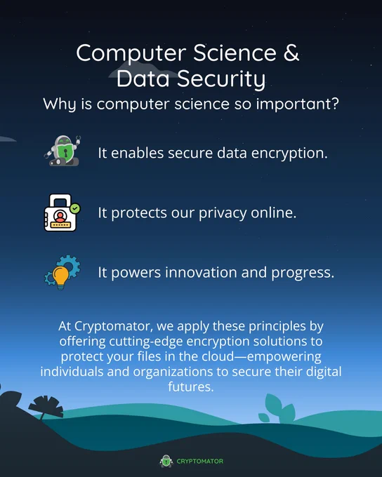An infographic titled "Computer Science & Data Security." It explains the importance of computer science in enabling secure data encryption, protecting privacy online, and powering innovation. The slide includes icons representing security, encryption, and innovation. A closing statement mentions Cryptomator's role in applying these principles through cutting-edge encryption solutions. The Cryptomator logo is at the bottom.
