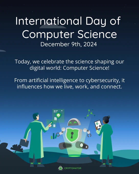 A digital-themed illustration for the International Day of Computer Science, December 9th, 2024. The slide features a man and a woman interacting with a futuristic robot with a lock symbol on its chest, symbolizing security. The text reads: "Today, we celebrate the science shaping our digital world: Computer Science! From artificial intelligence to cybersecurity, it influences how we live, work, and connect." The Cryptomator logo is at the bottom.