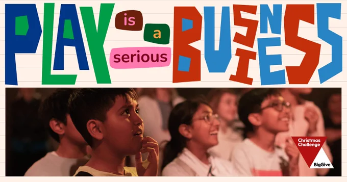 Pale yellow lined paper with multicoloured cut out letters saying 'Play is a serious business.' Below this is a photo of a group of children looking up excitedly.