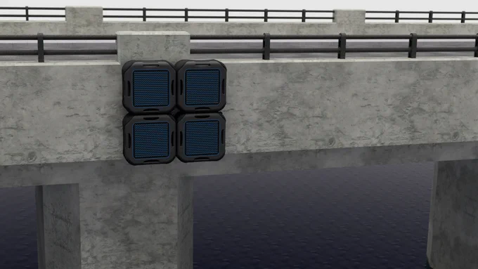 An artist's impression of the muography technology taking measurements on a bridge.
