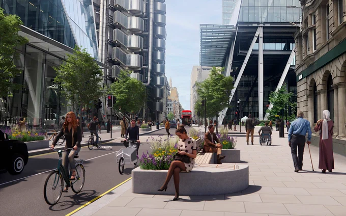 Artist impression of Leadenhall improvements stone seating and planters 