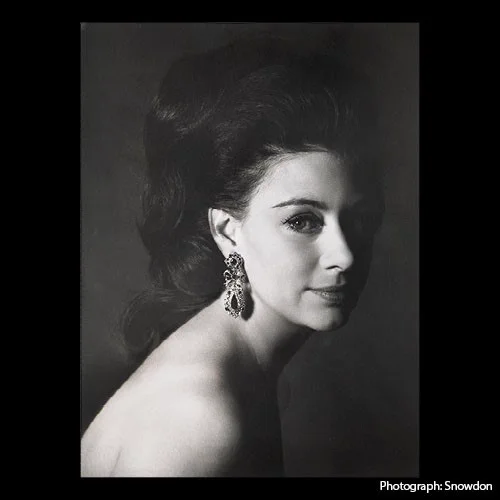 Portrait of Princess Margaret in black and white, featuring a side profile with a highlighted earring, captured by photographer Snowdon.