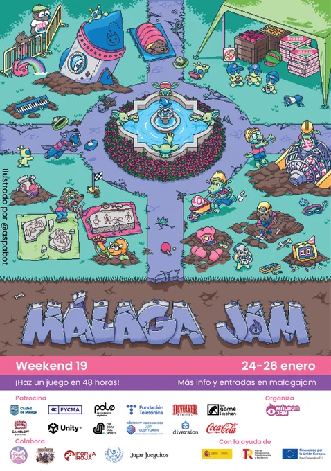 cartel de la malagajam weekend 19 que se celebra el 24-26 de enero de 2025. en el cartel aparecen diferentes personajes haciendo una expedición arqueológica con diferentes elementos característicos de las malagajam weekend. por ejemplo: el bingo, otros juegos de otras jams, elementos de otros carteles, el goti de guadalindie, etc