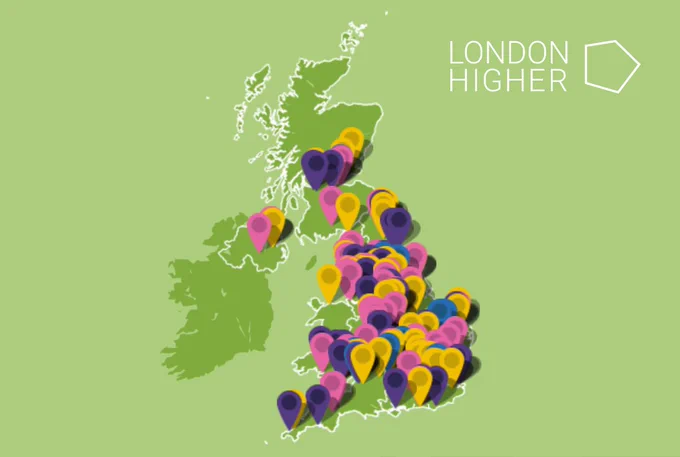 Map of the Uk with colourful pins on it