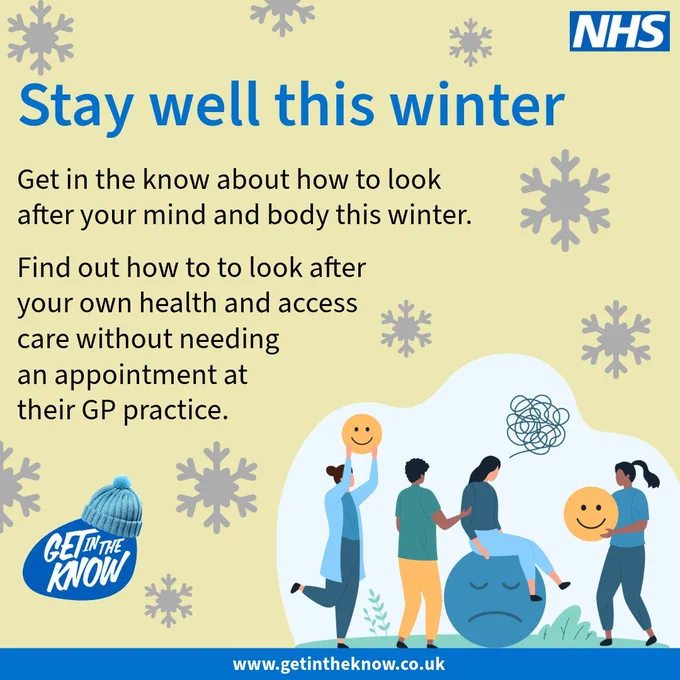 A group of cartoon people experiencing different emotions represented by holding large emoji faces. Stay well this winter. Get in the know about how to look after your mind and body this winter. Find out how to look after your own health and access care without needing an appointment at their GP practice.