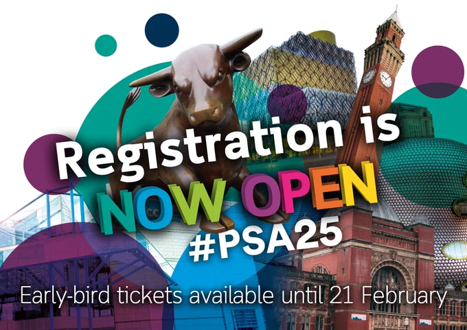 PSA25 Graphic featuring iconic Birmingham (UK) buildings, and bull statue. States registration is now open and the early-bird tickets deadline, being 21 February