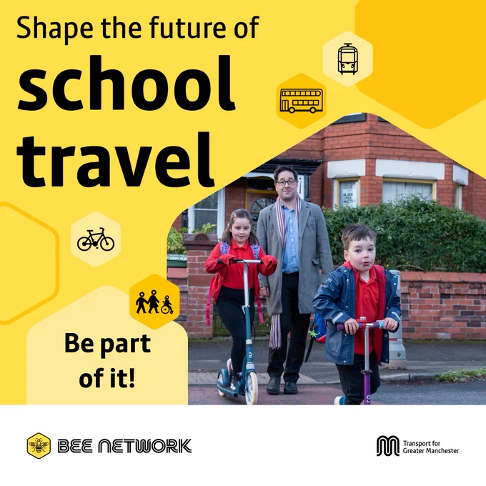 An image featuring a parent and his two children, with text overlay which states 'Shape the future of school travel. Be part of it!'