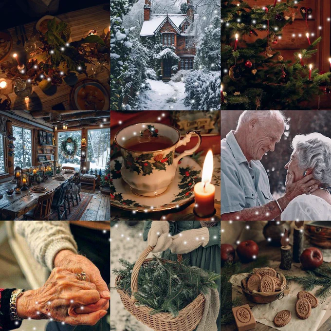 This is a moodboard for my book! From left to right: a candlelit xmas feast, a cottage in the woods, flanked in snow, a pine tree decorated in red garlands and candles, a wooden, rustic kitchen with large windows overlooking a snowy forest, a mistletoe teacup, an elderly couple gazing lovingly at each other, two hands entwined, a wicker basket full of pine needles and fern branches, butter shortbread biscuits and crisp red apples on the kitchen counter 