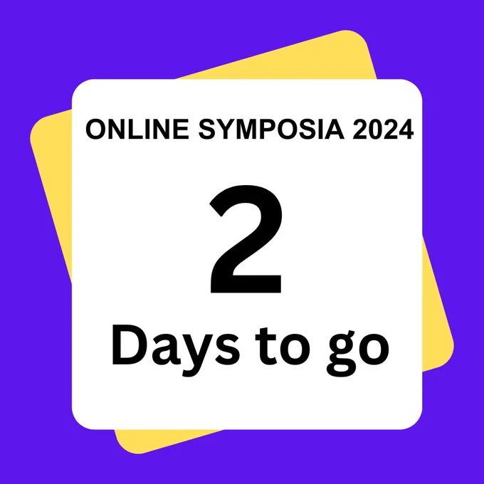 White square text box with yellow shadow against purple background. Text reads 'Online symposia 2024. 2 days to go'.