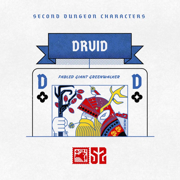 A graphic of a Druid character in a playing card style with a banner that reads ‘DRUID’