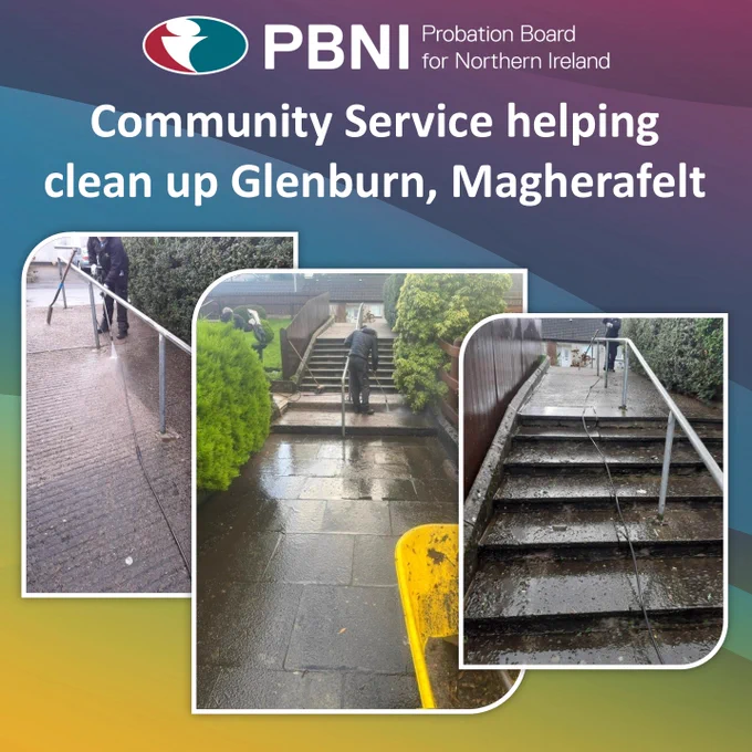 Purple, blue, green and yellow background with the Probation Board for Northern Ireland logo at the top. There are three photos showing pavement areas and steps being power washed in Glenburn, Magherafelt.