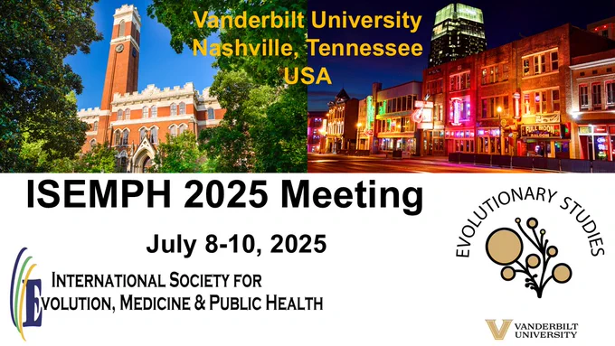 A promotional flyer for the ISEMPH 2025 Meeting. The header features Vanderbilt University and Nashville, Tennessee, with side-by-side images of the university’s campus and Nashville's downtown nightlife. Below, the text announces "ISEMPH 2025 Meeting, July 8-10, 2025," with the International Society for Evolution, Medicine, and Public Health (ISEMPH) logo on the left and the Evolutionary Studies Initiative logo on the right. Vanderbilt University’s logo is at the bottom.