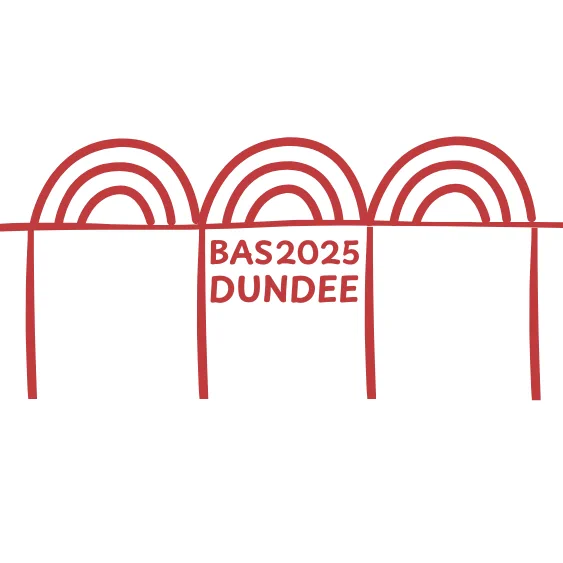 Red logo showing a rail bridge icon with three rainbow-esque arcs representing the sides of the bridge. Text reads "BAS2025 DUNDEE"