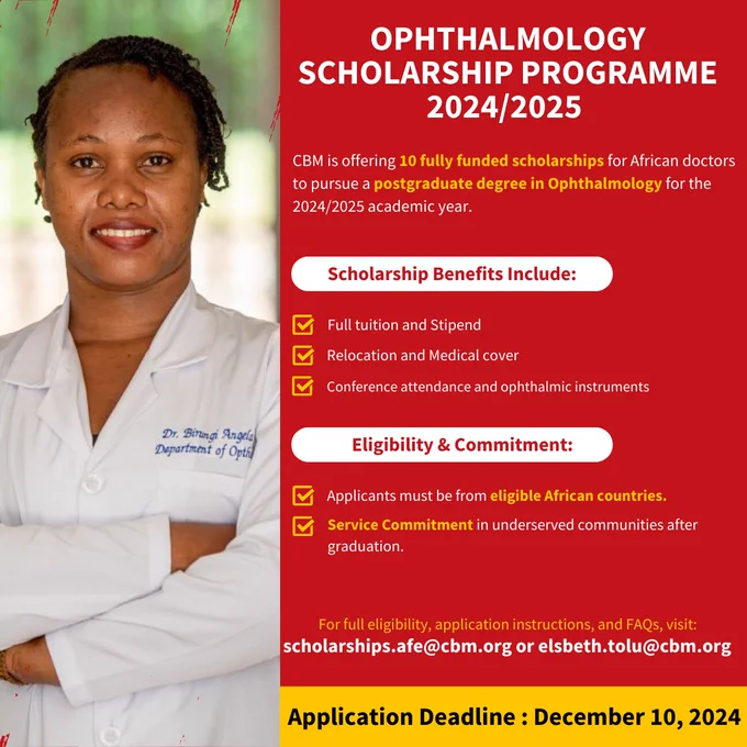 Photo shows a female doctor with her arms crossed pose for a photo on the left side and a description of a call to apply for @cbmWorldwide's fully funded Ophthalmology scholarships for African doctors  on the right side.