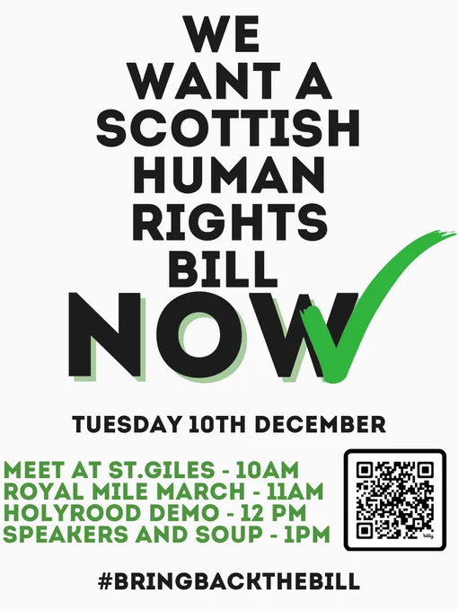 A graphic stating: "We want a Scottish Human Rights Bill Now"

The text is black on a white background, with a green tick design elements overlaid on the 'now'.