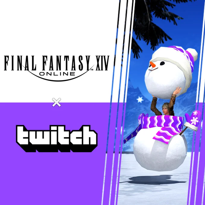 Banner reads Final Fantasy 14 Online "x" Twitch. On the right is a screenshot of a player character riding inside a Snowman mount with a purple hat and scarf.