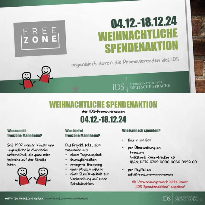Grafik, die den Zeitraum der Spendenaktion listet (bis zum 18.12.). Weitere Informationen zum Projekt Freezone Mannheim können auch unter der folgenden URL abgerufen werden: https://www.freezone-mannheim.de/