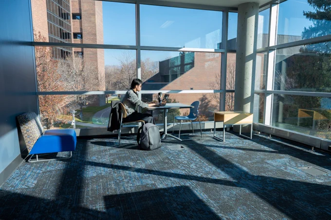 Sun shining through windows in the ILC on a student.