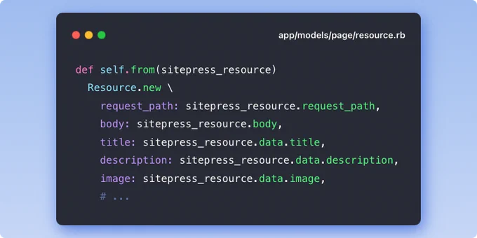 Ruby code:

def self.from(sitepress_resource)
  Resource.new \
    request_path: sitepress_resource.request_path,
    body: sitepress_resource.body,
    title: sitepress_resource.data.title,
    description: sitepress_resource.data.description,
    image: sitepress_resource.data.image,
    # ...