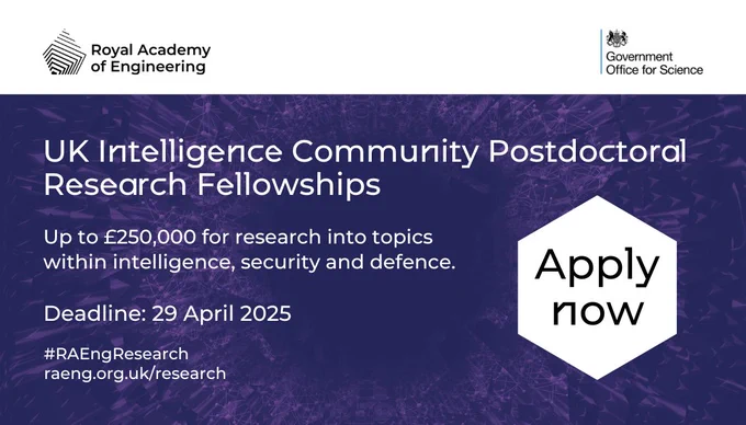Blue card with white text that reads 'UK Intelligence Community Postdoctoral Research Fellowships, up to £250,000 for research into topics within intelligence, security and defence, deadline 29 April 2025, apply now'.